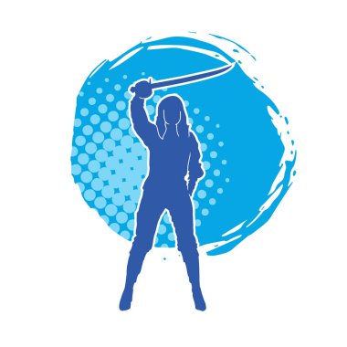 Bir kadın dövüşçünün silueti kılıç taşırken poz veriyor..