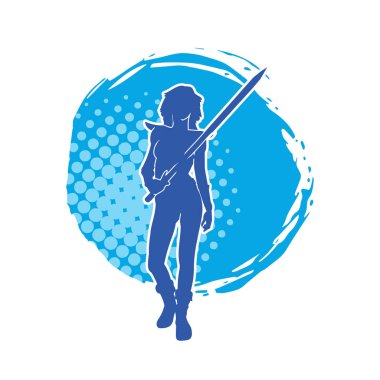 Bir kadın dövüşçünün silueti kılıç taşırken poz veriyor..