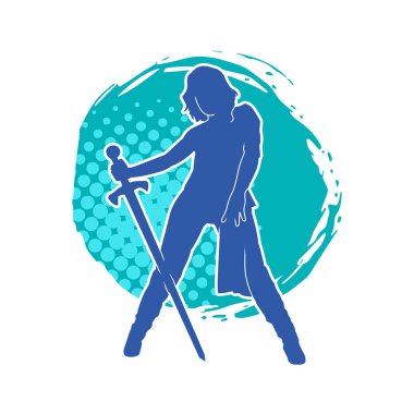 Bir kadın dövüşçünün silueti kılıç taşırken poz veriyor..