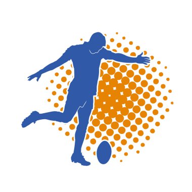 Rugby sporcusunun silueti iş başında. Rugby oynayan sporcu bir adamın silueti..