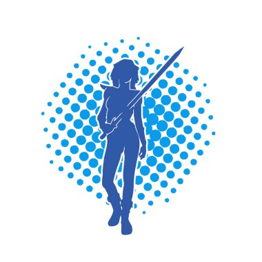 Bir kadın dövüşçünün silueti kılıç taşırken poz veriyor..