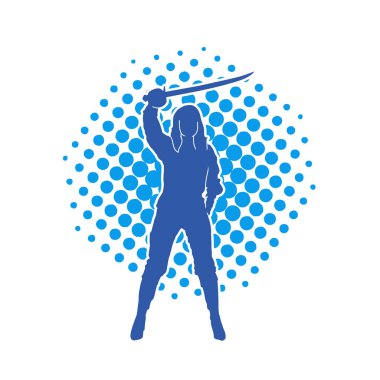 Bir kadın dövüşçünün silueti kılıç taşırken poz veriyor..