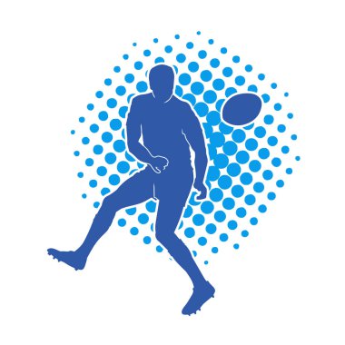 Rugby sporcusunun silueti iş başında. Rugby oynayan sporcu bir adamın silueti..