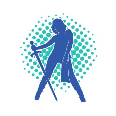 Bir kadın dövüşçünün silueti kılıç taşırken poz veriyor..