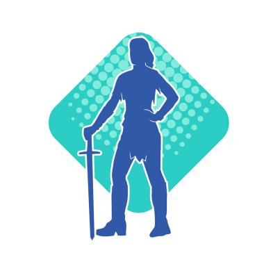 Bir kadın dövüşçünün silueti kılıç taşırken poz veriyor..