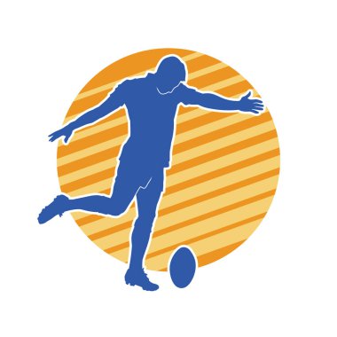 Rugby sporcusunun silueti iş başında. Rugby oynayan sporcu bir adamın silueti..