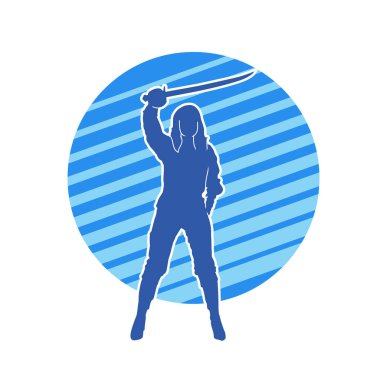 Bir kadın dövüşçünün silueti kılıç taşırken poz veriyor..