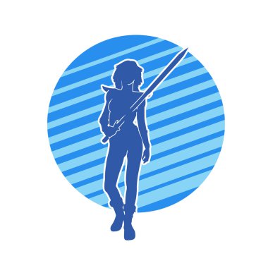 Bir kadın dövüşçünün silueti kılıç taşırken poz veriyor..