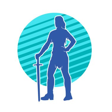 Bir kadın dövüşçünün silueti kılıç taşırken poz veriyor..