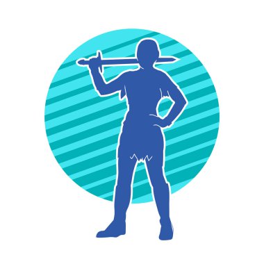 Bir kadın dövüşçünün silueti kılıç taşırken poz veriyor..