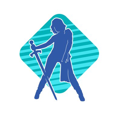 Bir kadın dövüşçünün silueti kılıç taşırken poz veriyor..