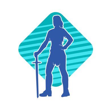 Bir kadın dövüşçünün silueti kılıç taşırken poz veriyor..