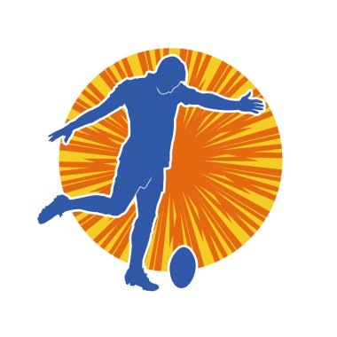 Rugby sporcusunun silueti iş başında. Rugby oynayan sporcu bir adamın silueti..