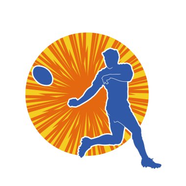 Rugby sporcusunun silueti iş başında. Rugby oynayan sporcu bir adamın silueti..