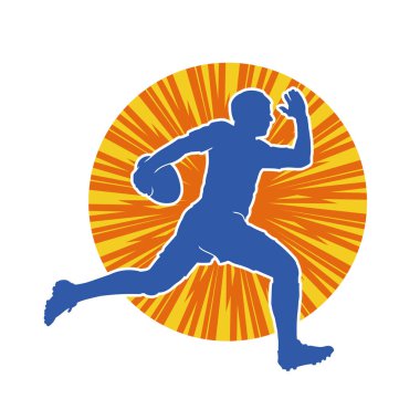 Rugby sporcusunun silueti iş başında. Rugby oynayan sporcu bir adamın silueti..