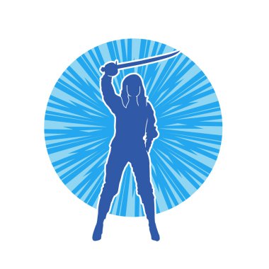 Bir kadın dövüşçünün silueti kılıç taşırken poz veriyor..