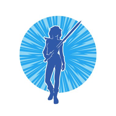 Bir kadın dövüşçünün silueti kılıç taşırken poz veriyor..