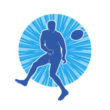 Rugby sporcusunun silueti iş başında. Rugby oynayan sporcu bir adamın silueti..