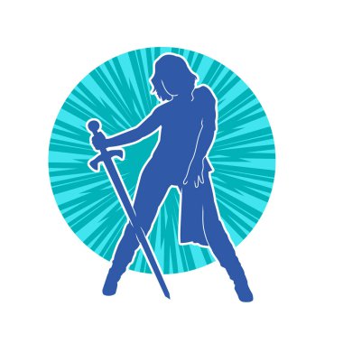 Bir kadın dövüşçünün silueti kılıç taşırken poz veriyor..