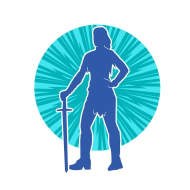 Bir kadın dövüşçünün silueti kılıç taşırken poz veriyor..