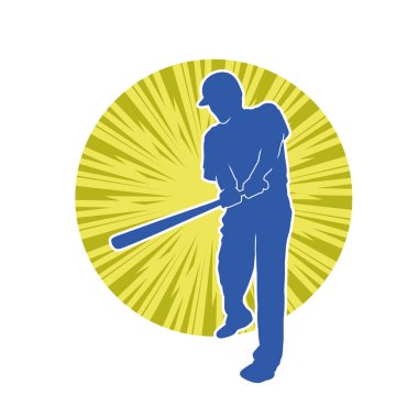 Hareketli bir erkek beyzbol oyuncusunun silueti. Vurucu olarak beyzbol oynayan bir adamın silueti..