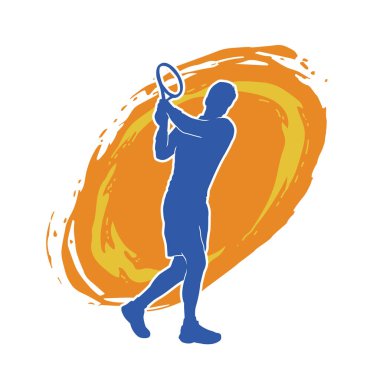 Hareketli bir erkek tenisçinin silueti. Raketle tenis oynayan bir adamın silueti..