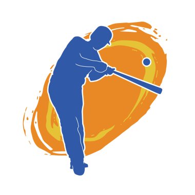 Hareketli bir erkek beyzbol oyuncusunun silueti. Vurucu olarak beyzbol oynayan bir adamın silueti..