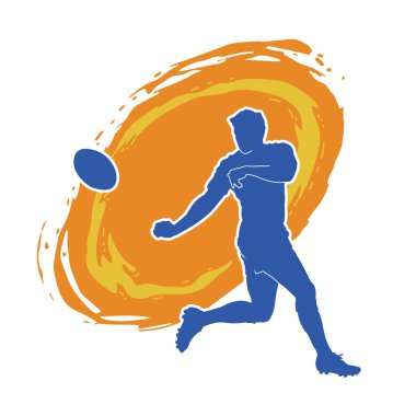 Rugby sporcusunun silueti iş başında. Rugby oynayan sporcu bir adamın silueti..