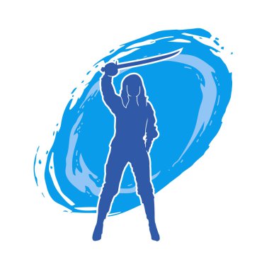 Bir kadın dövüşçünün silueti kılıç taşırken poz veriyor..