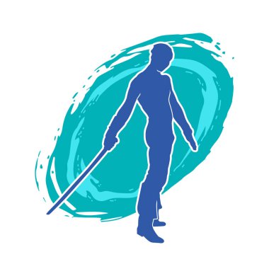 Bir erkek savaşçının silueti kılıçla poz veriyor. Kılıç taşıyan bir savaşçının silueti..