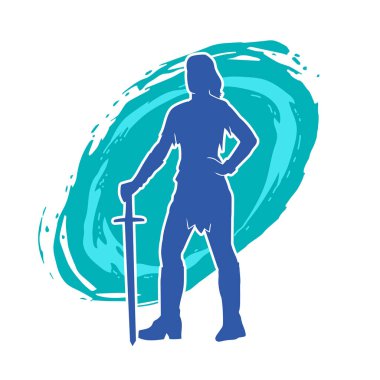 Bir kadın dövüşçünün silueti kılıç taşırken poz veriyor..