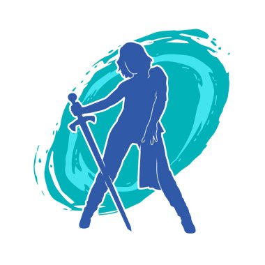 Bir kadın dövüşçünün silueti kılıç taşırken poz veriyor..