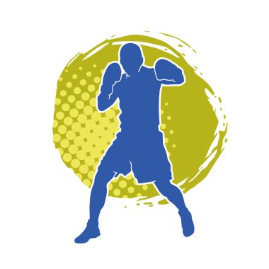 Erkek boks atletinin silueti iş başında. Boks sporu için eldiven giyen kaslı bir adamın silueti..