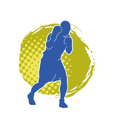 Erkek boks atletinin silueti iş başında. Boks sporu için eldiven giyen kaslı bir adamın silueti..