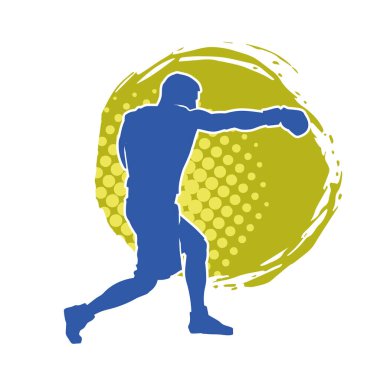 Erkek boks atletinin silueti iş başında. Boks sporu için eldiven giyen kaslı bir adamın silueti..