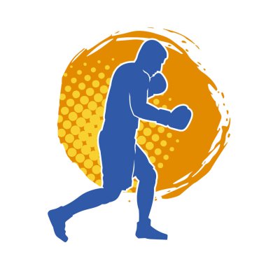 Erkek boks atletinin silueti iş başında. Boks sporu için eldiven giyen kaslı bir adamın silueti..