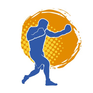 Erkek boks atletinin silueti iş başında. Boks sporu için eldiven giyen kaslı bir adamın silueti..