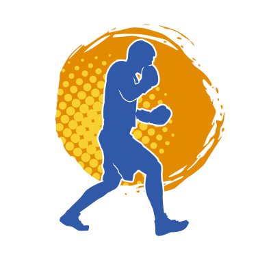 Erkek boks atletinin silueti iş başında. Boks sporu için eldiven giyen kaslı bir adamın silueti..