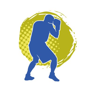 Erkek boks atletinin silueti iş başında. Boks sporu için eldiven giyen kaslı bir adamın silueti..