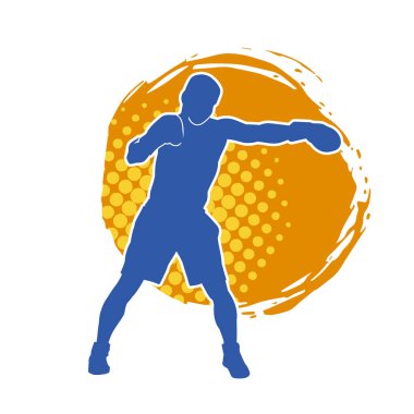 Erkek boks atletinin silueti iş başında. Boks sporu için eldiven giyen kaslı bir adamın silueti..
