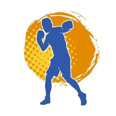 Erkek boks atletinin silueti iş başında. Boks sporu için eldiven giyen kaslı bir adamın silueti..