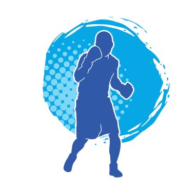 Erkek boks atletinin silueti iş başında. Boks sporu için eldiven giyen kaslı bir adamın silueti..
