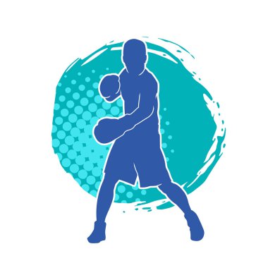 Erkek boks atletinin silueti iş başında. Boks sporu için eldiven giyen kaslı bir adamın silueti..