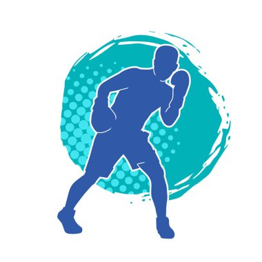 Erkek boks atletinin silueti iş başında. Boks sporu için eldiven giyen kaslı bir adamın silueti..