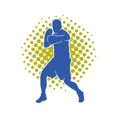 Erkek boks atletinin silueti iş başında. Boks sporu için eldiven giyen kaslı bir adamın silueti..