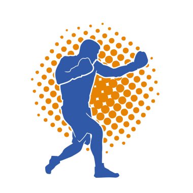 Erkek boks atletinin silueti iş başında. Boks sporu için eldiven giyen kaslı bir adamın silueti..