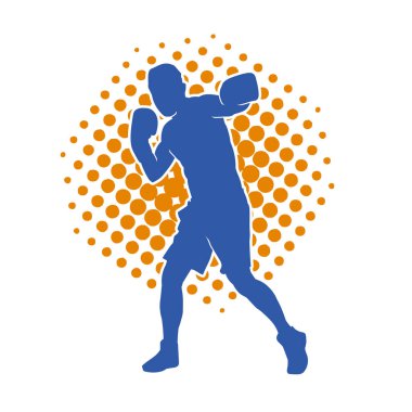 Erkek boks atletinin silueti iş başında. Boks sporu için eldiven giyen kaslı bir adamın silueti..