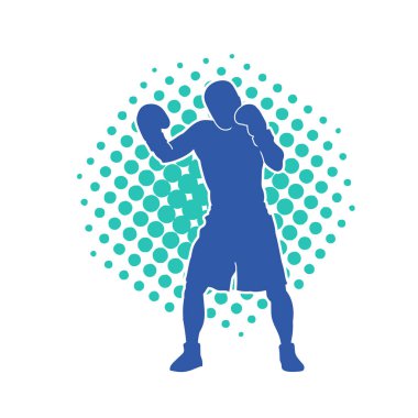 Erkek boks atletinin silueti iş başında. Boks sporu için eldiven giyen kaslı bir adamın silueti..