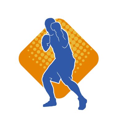 Erkek boks atletinin silueti iş başında. Boks sporu için eldiven giyen kaslı bir adamın silueti..
