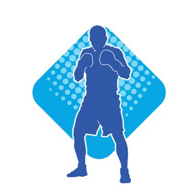 Erkek boks atletinin silueti iş başında. Boks sporu için eldiven giyen kaslı bir adamın silueti..